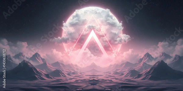 Fototapeta 3d render. Abstract futuristic background. Fantastic landscape with glowing geometric triangle, stormy cloud and mountains under the night sky