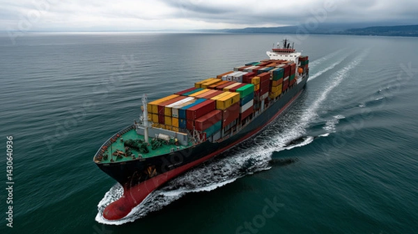 Fototapeta Aerial view of a container ship navigating through ocean waves