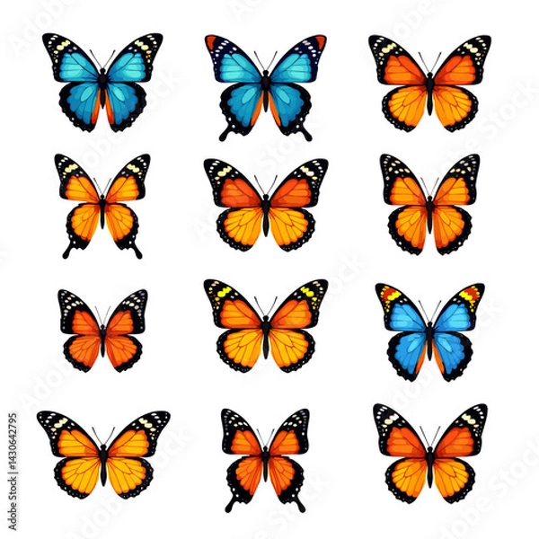 Fototapeta Collection of colorful vector moths and butterflies with detailed wings, isolated on white background, artistic nature illustration set