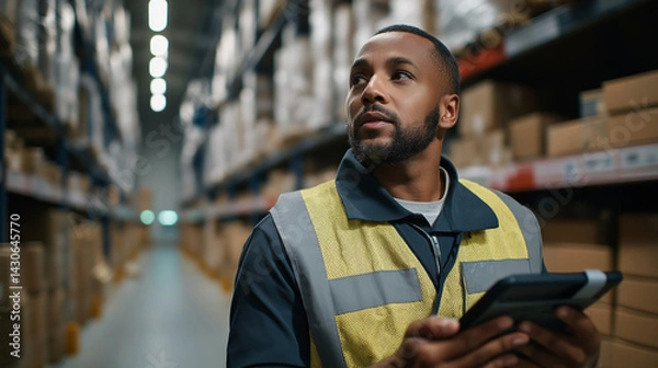 Fototapeta Efficient Warehouse Worker Using Tablet for Inventory Management