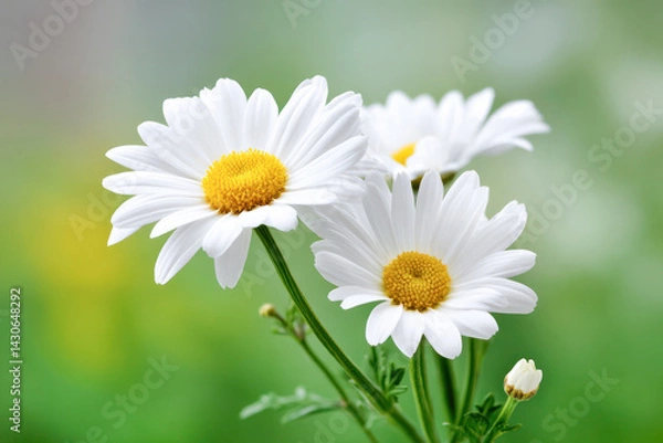 Fototapeta White daisies with yellow centers in soft focus against a green blurred background.