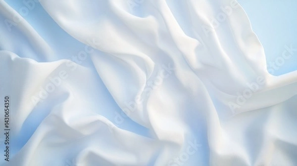 Fototapeta Soft, flowing white fabric draped on a light blue surface