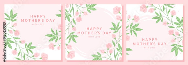 Fototapeta Mother's Day cards set. Spring summer floral design in pastel colors. Vector illustration for banner, poster, label, template, sale.