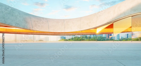 Fototapeta 3d rendering Modern architecture concrete building with curved walls and glass windows overlooking city skyline