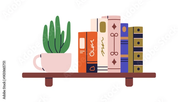 Fototapeta Book shelf. Home library, bookshelf with classic fiction and academic literature in line. Reading and education, hardback covers and potted plant. Flat vector illustration isolated on white background