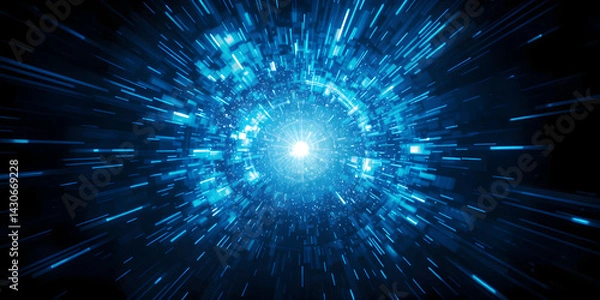Fototapeta 4K 3D dark blue plasma energy tunnel. Sci-Fi Flying in Tunnel of Light. Fly Through Wormhole or Time Vortex Portal or Gateway. Blue shine rays explosion futuristic tunnel background. Energy science
