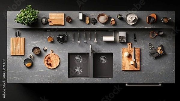 Fototapeta High-angle kitchen scene, showcasing organized countertop with tools & ingredients