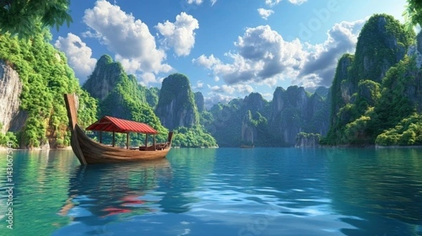Obraz Traditional wooden boat with red roof floating in tropical bay surrounded by lush green cliffs and clear blue water