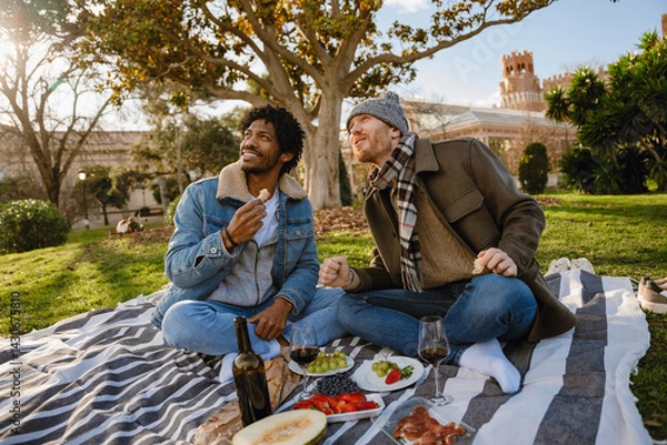 Obraz A loving gay couple of a White man and his Black husband, who are in their 30s, sitting on a blanket in the park, having a picnic date and looking off somewhere with a happy smile on their faces