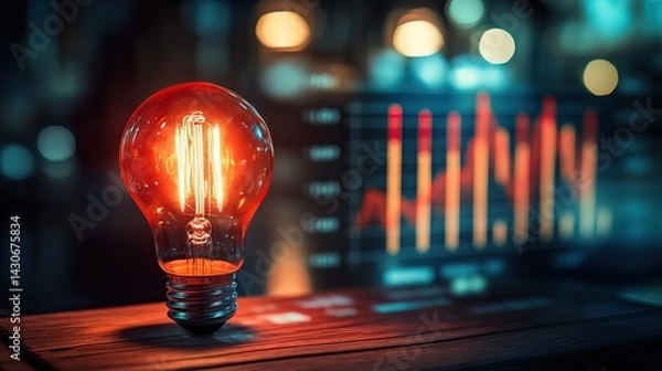 Obraz Glowing vintage filament light bulb on wooden surface with financial graph in background, concept of innovation and ideas