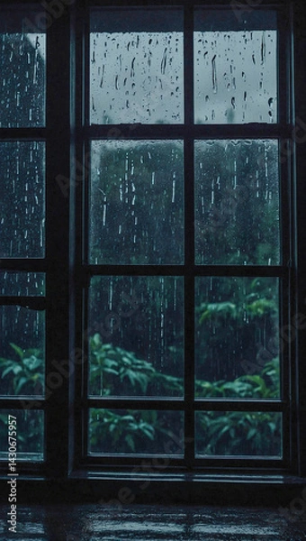 Fototapeta Dark interior with rain falling through a window creating a moody atmosphere.