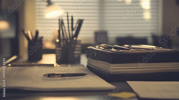 Fototapeta Office desk with documents, files, and stationery in a cozy work environment