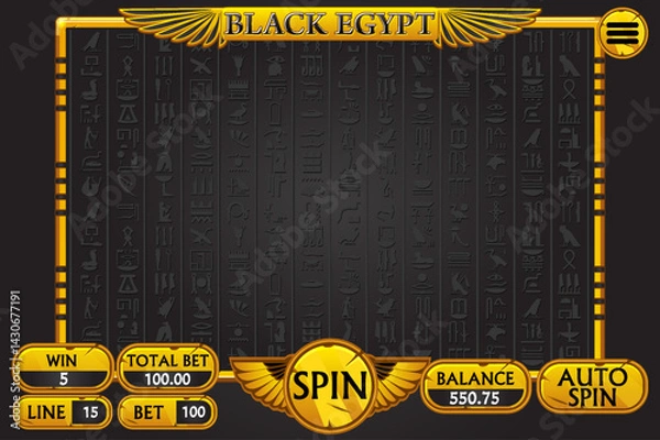 Fototapeta Egypt golden-black slot UI. Slots menu with standard buttons for game development in golden-black colors. Casino slots gameplay main screen