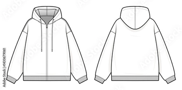 Fototapeta Zip-Up Hoodie Technical Fashion Illustration. Casual Hooded Jacket Vector Template. Front and Back View. Relaxed Fit. Ribbed Hem and Cuffs. Drawstring Hood. White Color. CAD Mockup Set.