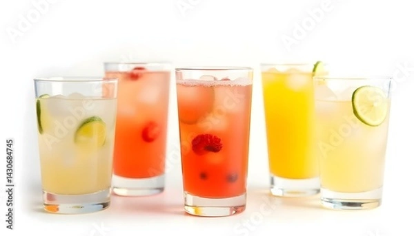 Fototapeta Glasses of fruit drinks with ice cubes isolated on white
