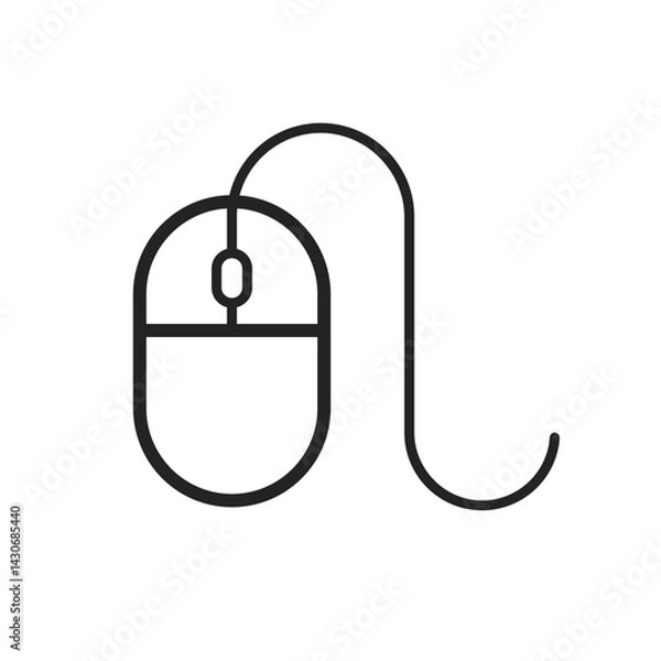 Fototapeta Computer mouse with a cable black outlined isolated illustration for UI button. Vector icon in flat style