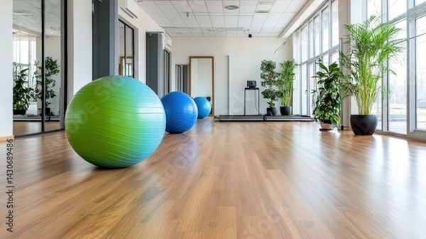Fototapeta A well-equipped gym featuring a colorful exercise ball and a yoga mat ready for a motivating workout session