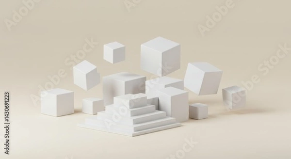 Fototapeta Abstract 3D Render of Floating White Cubes and Geometric Stairs on Beige Background Minimalist Modern Design Concept