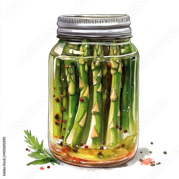 Fototapeta Watercolor Jar of Canned Asparagus with Spices