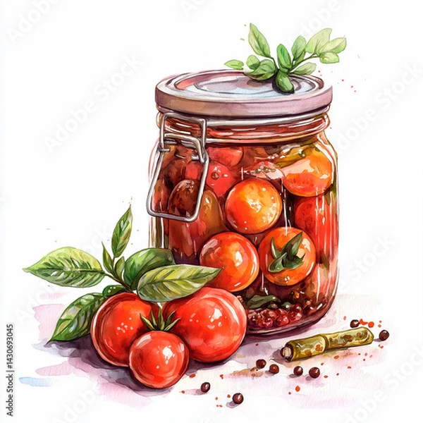 Fototapeta Watercolor Jar of Canned Tomatoes with Spices on White Background