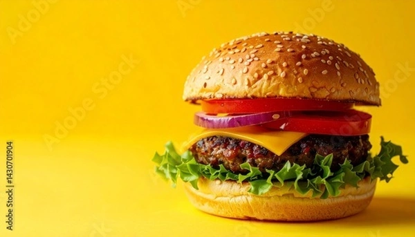 Fototapeta A delicious burger on a vibrant yellow background with copy space