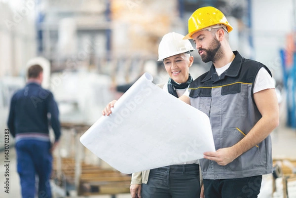Obraz Senior female engineer checking blue prints with younger coworker inside a factory