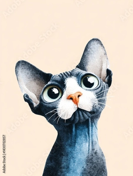 Fototapeta A sphynx cat displays its unique features with large, expressive eyes and a curious expression. The background is a soft, neutral tone which highlights the cat's distinctive appearance