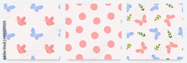 Fototapeta Set of seamless vector patterns with butterflies polka dots and leaves in pastel retro style. Perfect for kids products fabric design packaging and nursery decor.