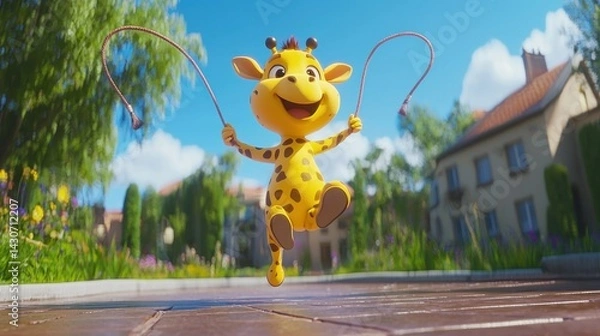 Obraz Animated giraffe jumping rope in sunny garden town