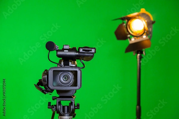 Fototapeta A video camera and a spotlight with a Fresnel lens on a green background. Filming in the interior. The chroma key.