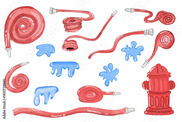 Obraz Watercolor Red fire hose illustration. Red rolled firefighter hose isolated on the white background