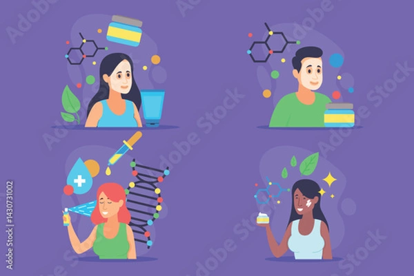 Fototapeta Collection of individuals engaging in skincare routines and wellness activities. From applying products to mixing potions. Beauty and health enhancement concept