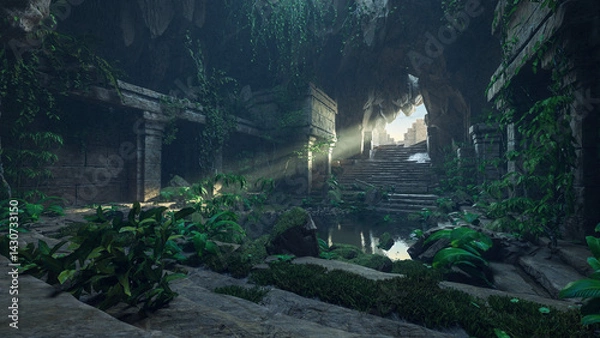 Fototapeta Fantasy underground temple ruin underground with ray of sunlight shining through an entrance at the top of stone steps. 3D rendered illustration.