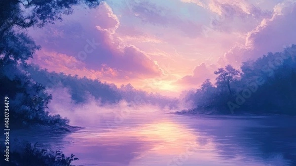 Obraz Serene river landscape at twilight with pastel clouds and dreamy atmosphere