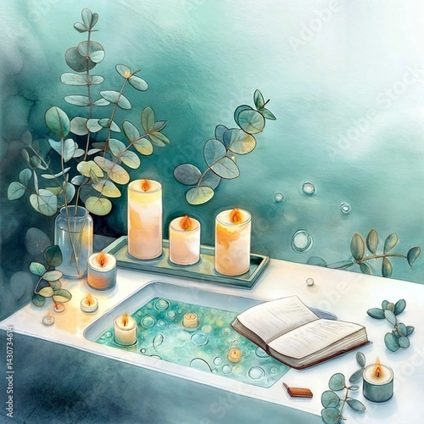 Obraz Watercolor illustration of a peaceful bath setup with candles, eucalyptus leaves, and an open book. Perfect for self-care, wellness, and relaxation visuals