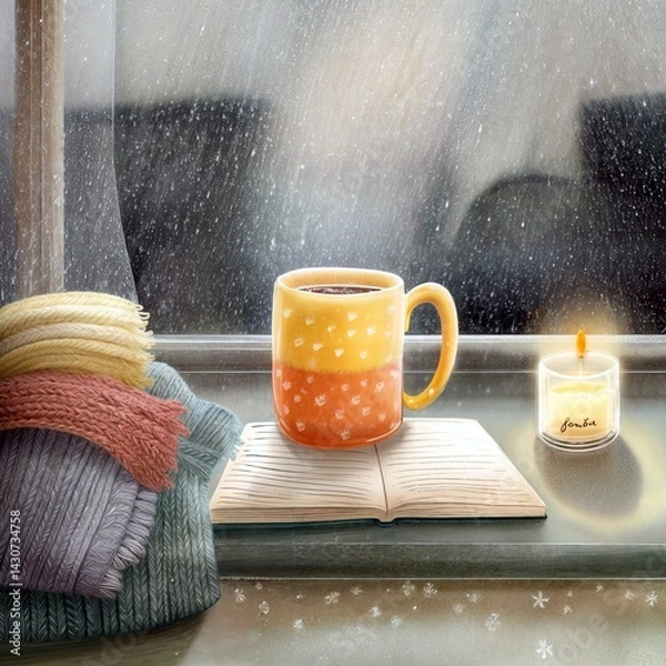 Obraz Watercolor illustration of a cozy scene with a cup of hot chocolate on a book near a window, glowing candlelight, and snow outside. Perfect for winter and hygge themes