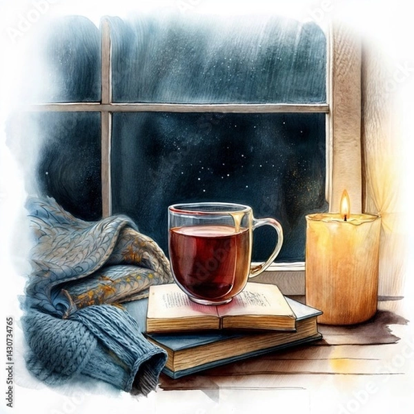 Obraz Watercolor illustration of a cozy scene with a cup of hot chocolate on a book near a window, glowing candlelight, and snow outside. Perfect for winter and hygge themes