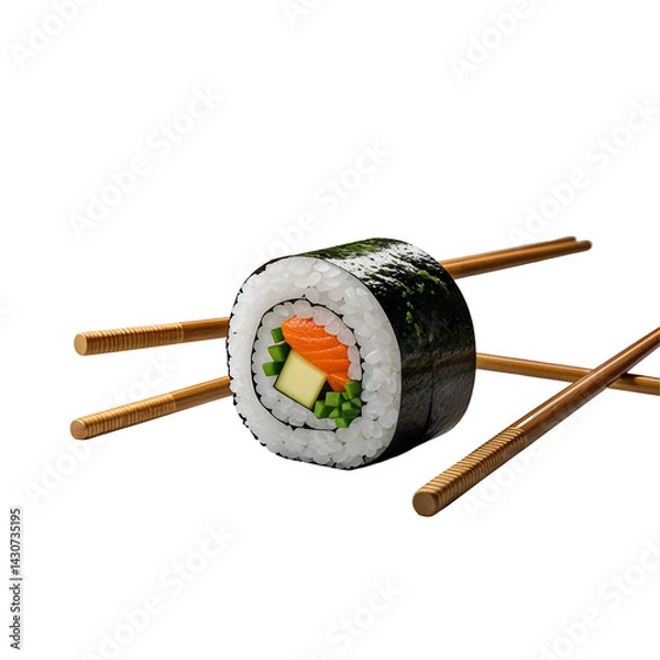 Fototapeta Photorealistic sushi roll with salmon, avocado, and cucumber wrapped in nori seaweed and rice, held by chopsticks, isolated on white background