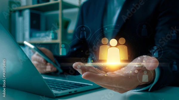 Obraz Customer Relationship Management (CRM), Businessman use tablet with global structure customer network technology, Data exchanges development. human resources, social media. digital marketing online.