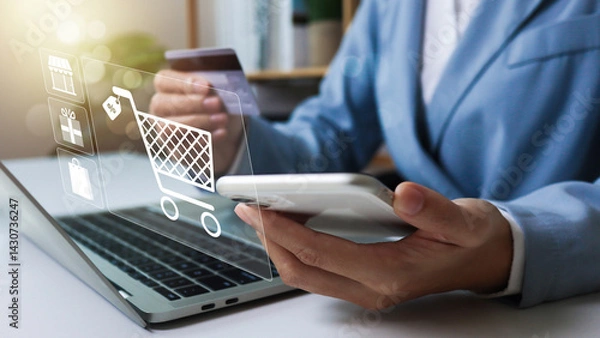 Obraz Woman using smartphone online shopping and payment via mobile banking apps. financial technology, Digital banking network, internet payment and digital wallet...