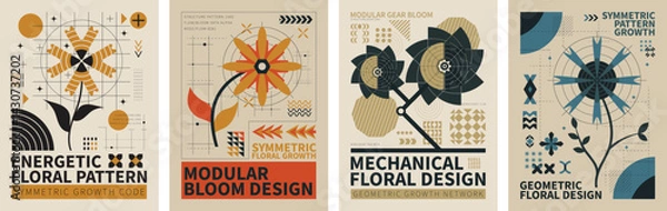 Obraz Energetic Floral Pattern Posters Collection: a collection of four artistic posters displaying abstract floral patterns with modern designs.