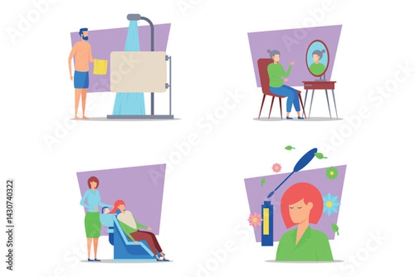 Obraz Variety of beauty routines including showering, applying makeup, receiving haircut, and enjoying serene moment. Self-care practices concept