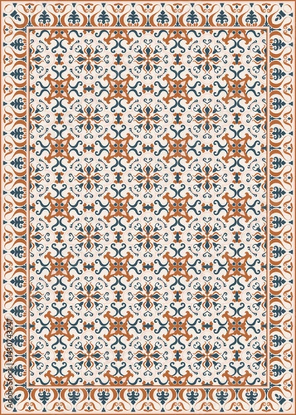 Fototapeta Design of ceramic floor tiles, vintage pattern, old color, carpet pattern with border, tile frame