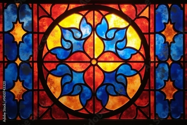 Fototapeta vibrant stained glass design with geometric shapes in sapphire, amber, and ruby, luminous glow, for decorative art or window-inspired graphics
