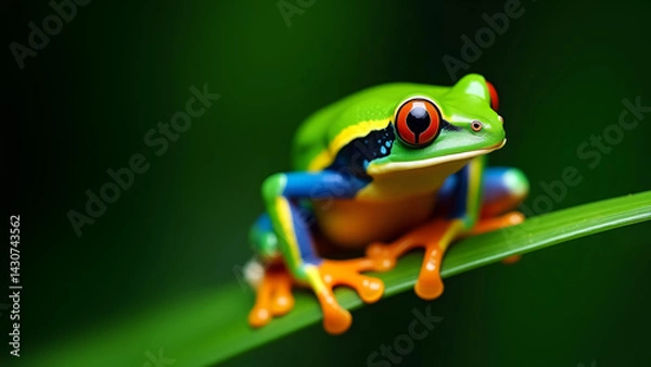 Fototapeta colorful frog on a leaf, close up of a rainforest amphibian