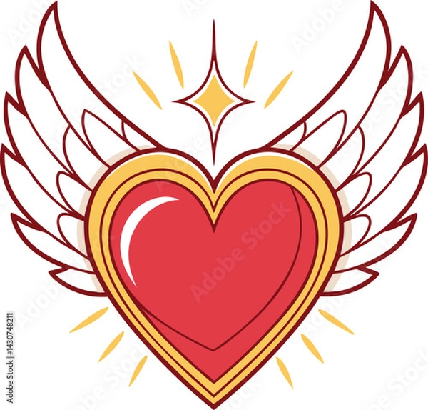 Obraz Heart shaped icon, vibrant red, golden accent, angelic wings, symmetrical design
