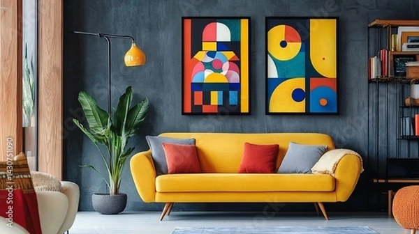 Fototapeta Interior with vibrant artwork, a mustard sofa, indoor plant, and a warm, welcoming atmosphere