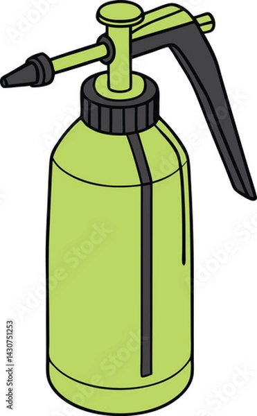 Obraz Bright green spray bottle, black nozzle and handle, pressure sprayer, gardening tool, household cleaner,