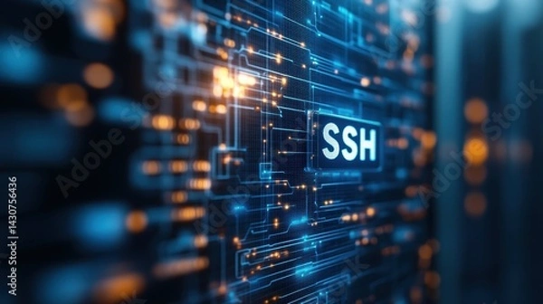 Fototapeta Visual Representation of SSH (Secure Shell) Network Interface on a Computer Screen with Glowing Circuitry