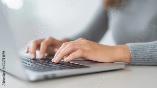Fototapeta Hands typing on a laptop keyboard in a bright workspace, showcasing productivity and focus in a modern office environment, digital communication concept